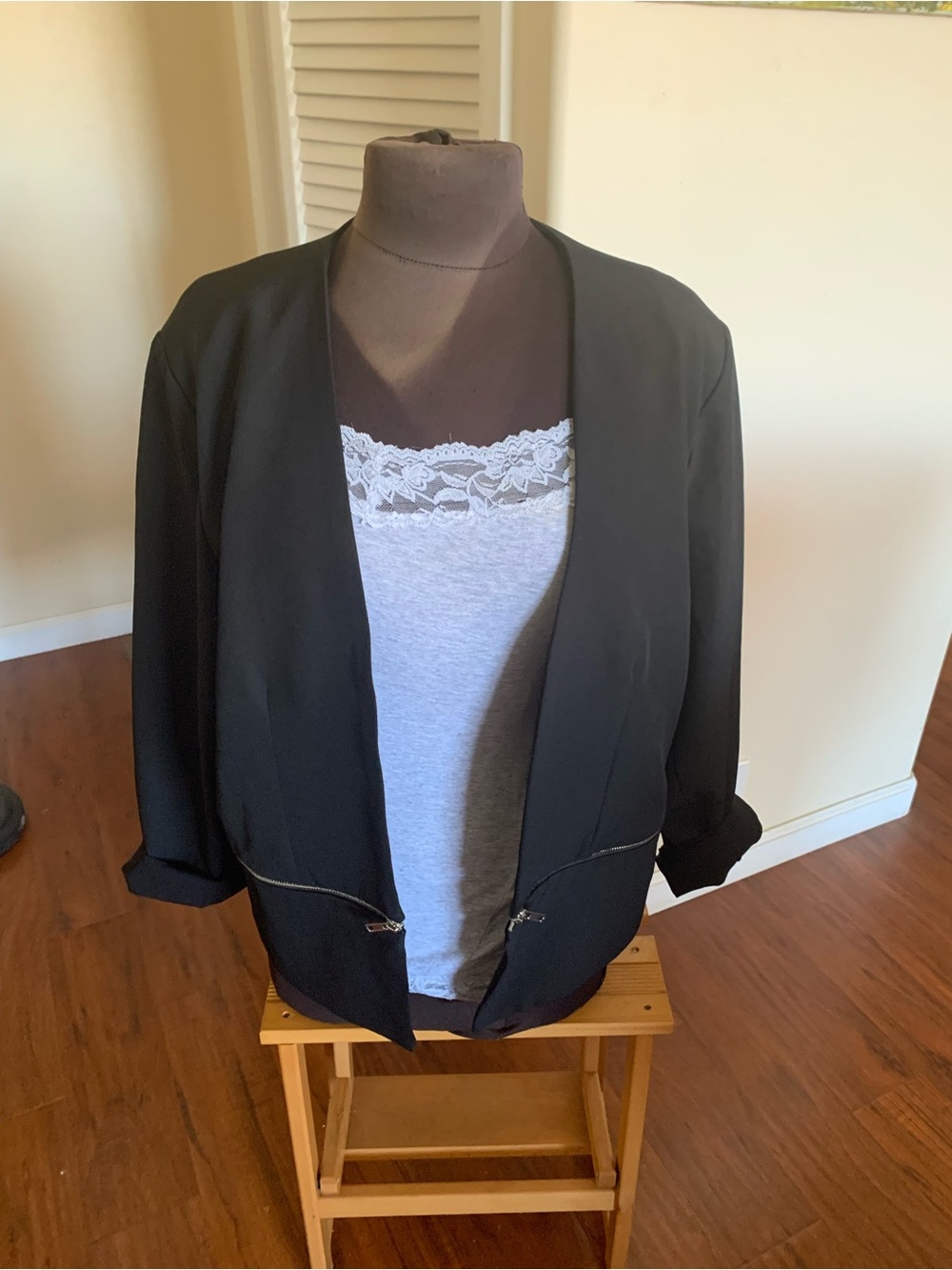 Shinestar Black Open-Front 3X Blazer with Hip Zipper Accents